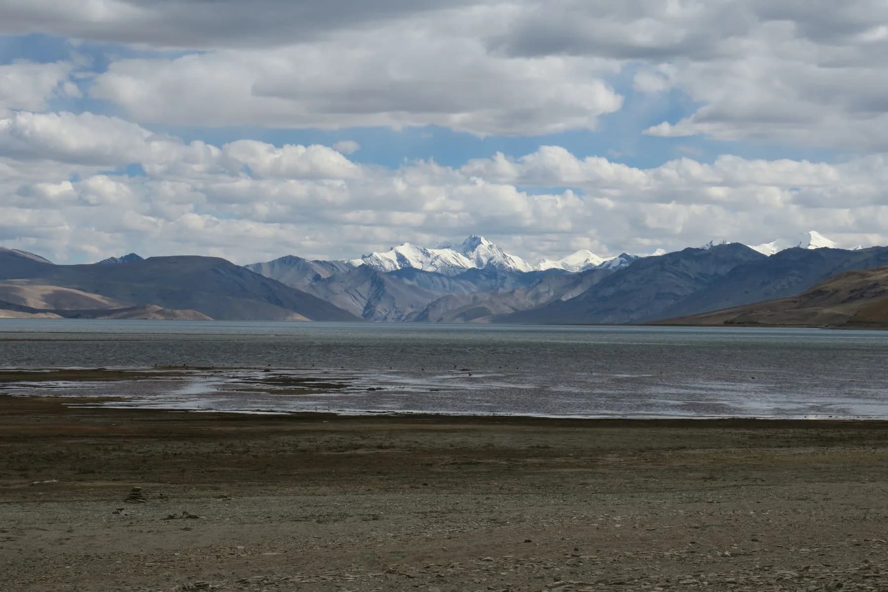 Tso Moriri lake beneath clouds and snow-capped mountains in Ladakh